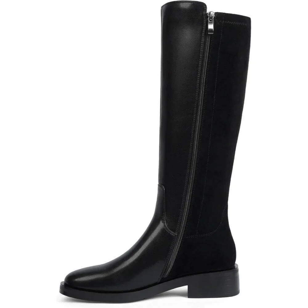 Women Polyurethane Stretch-black Round Toe Flat Heel Side Zipper Knee High Boots
